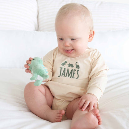 Embroidered Dinosaur Long Sleeve Bubble Romper | Natural