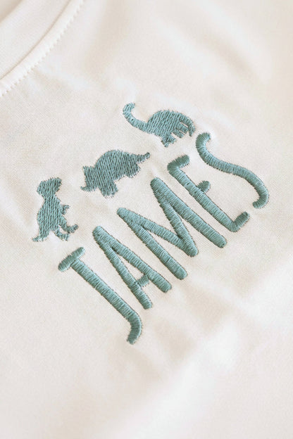 Embroidered Dinosaur Long Sleeve Bubble Romper | Natural