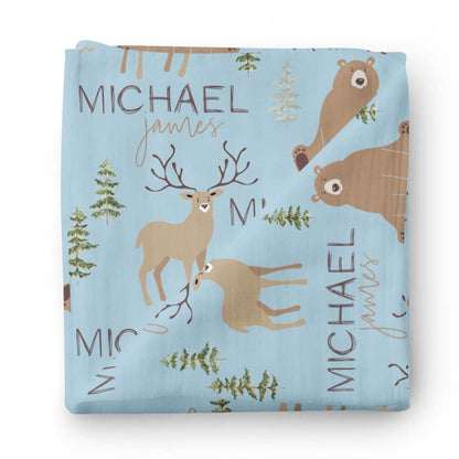 Forest Friends Personalized Baby Name Swaddle Blanket