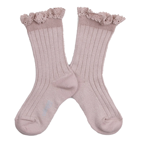Glitter Ribbed Lace Crew Sock - Old Rose