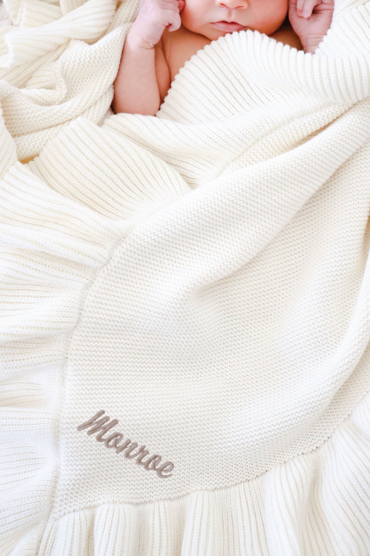 Embroidered Knit Blanket With Ruffle | Ivory