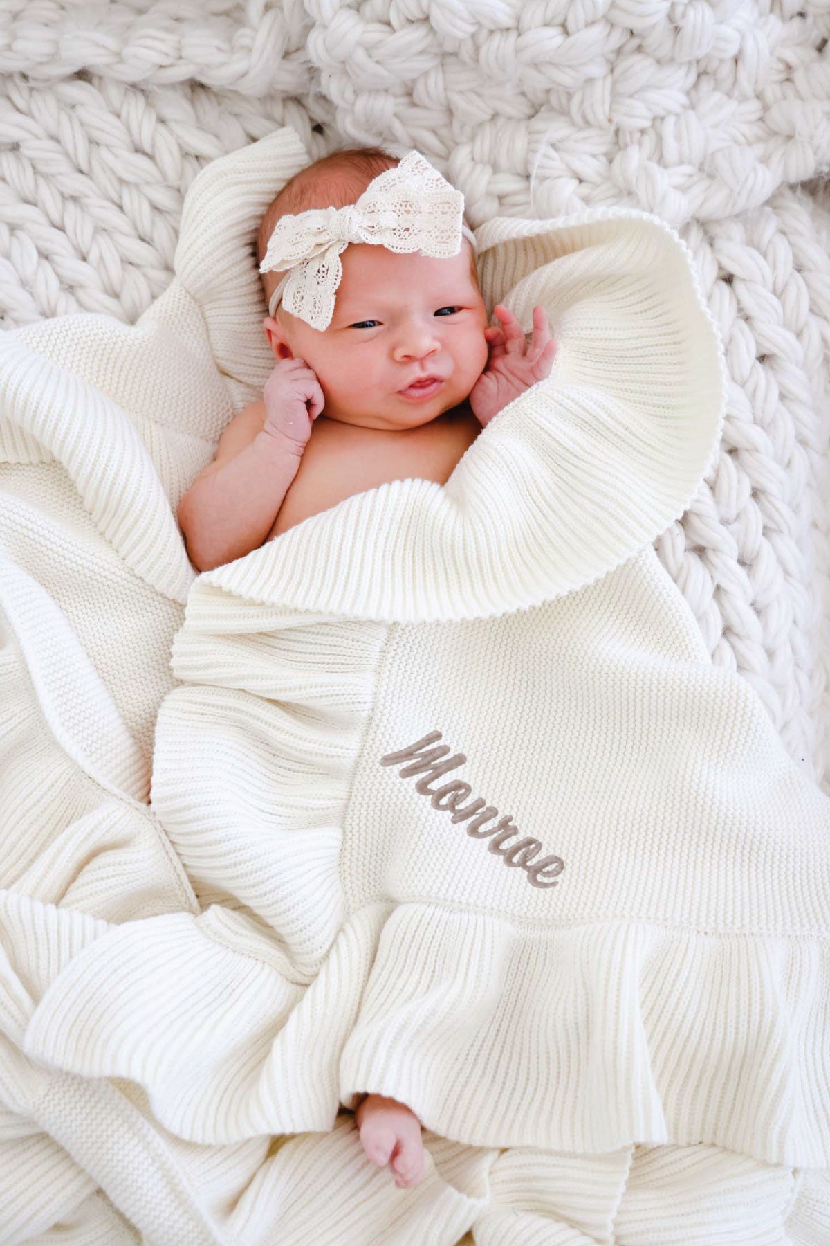 Embroidered Knit Blanket With Ruffle | Ivory