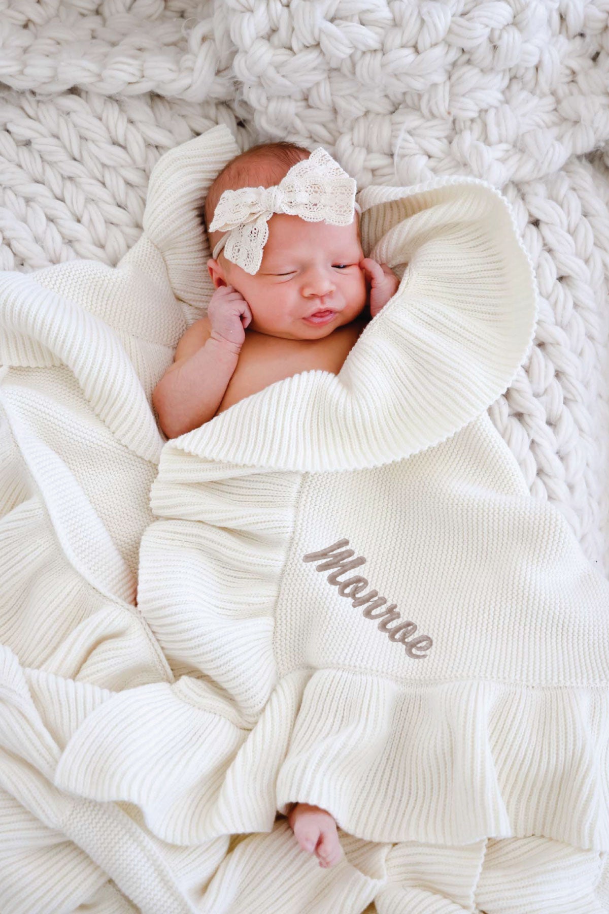 Embroidered Knit Blanket With Ruffle | Ivory