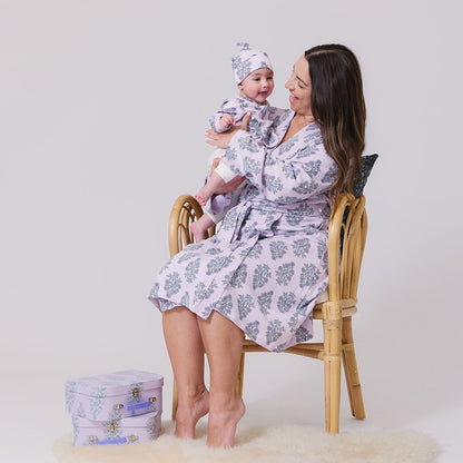 Womens Organic Robe - Lavender Bouquet Floral Blockprint