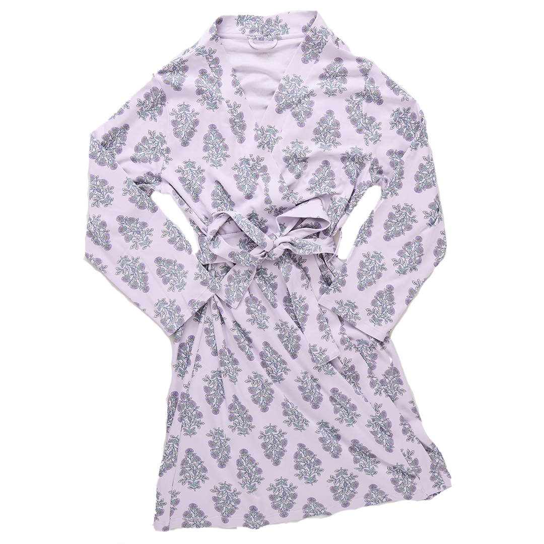 Womens Organic Robe - Lavender Bouquet Floral Blockprint