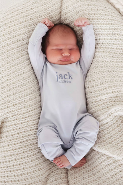 Personalized Full Length Snap Romper | Light Blue