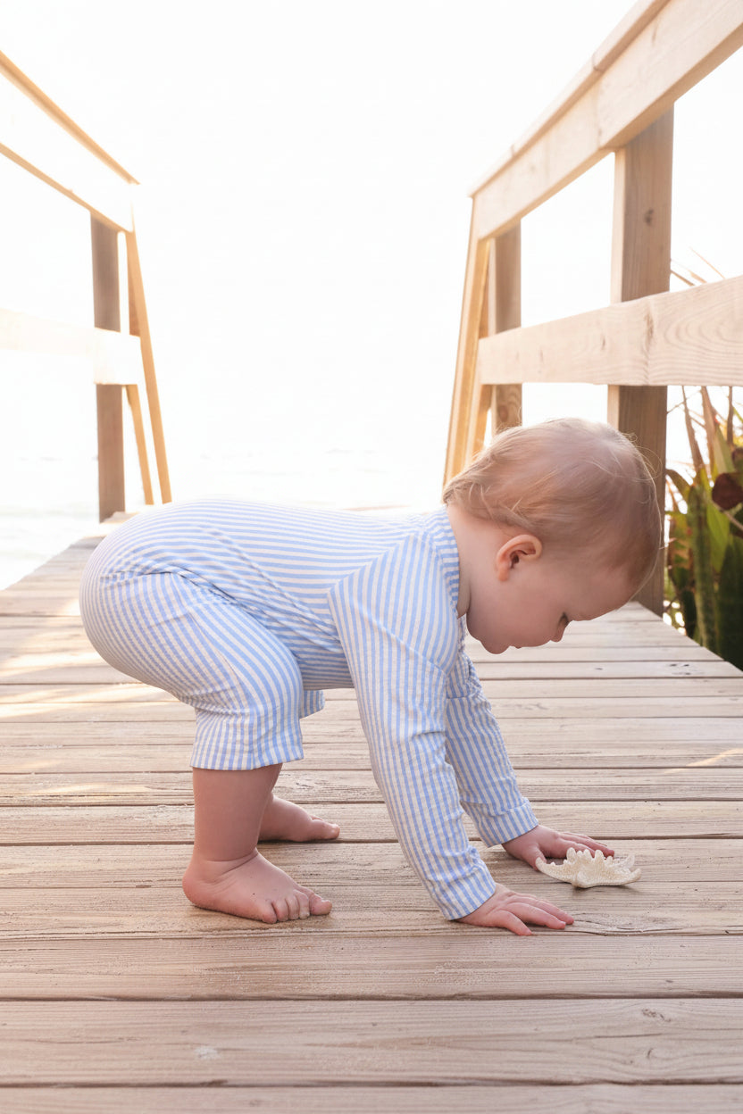 Long Sleeve Rash Guard Swim Romper Shortie | Seersucker Blue