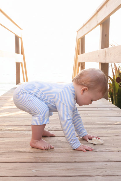 Long Sleeve Rash Guard Swim Romper Shortie | Seersucker Blue