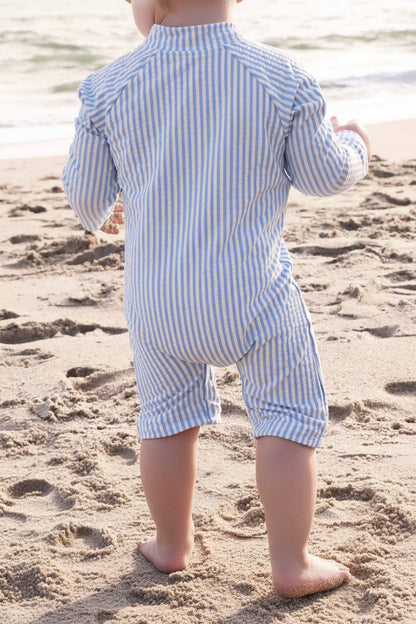 Long Sleeve Rash Guard Swim Romper Shortie | Seersucker Blue