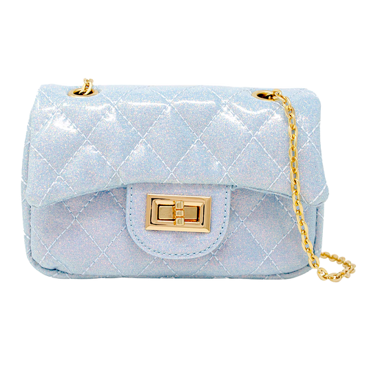 Quilted Metallic Gold Clasp Bag - Sky Blue
