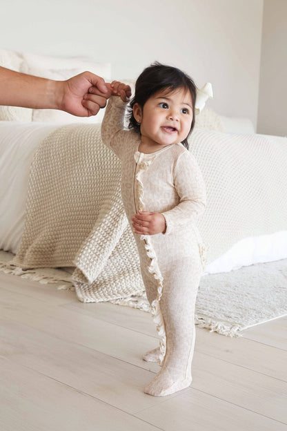 Bamboo Waffle Ruffle Zipper Footie | Lovely Leopard