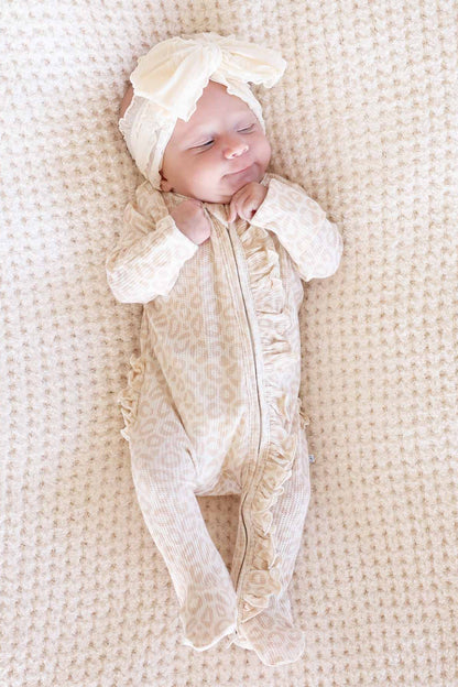 Bamboo Waffle Ruffle Zipper Footie | Lovely Leopard