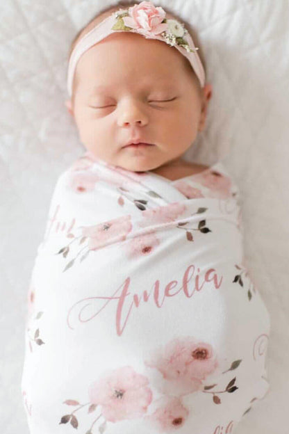 Millie's Dusty Rose Garden Personalized Baby Name Swaddle Blanket