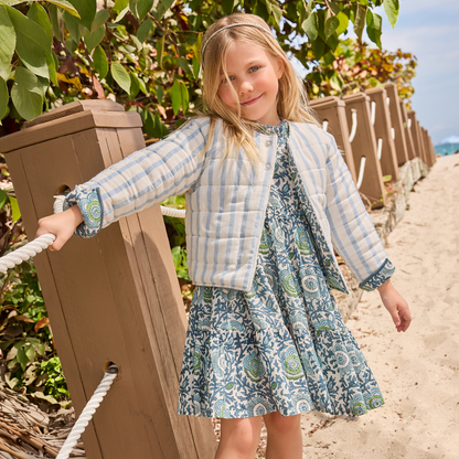 Girls Reversible Quilted Jacket- Blue Lisbon Floral