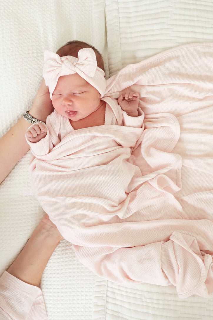 Pearl Pink Bamboo Waffle Knit Large Bow Headwrap
