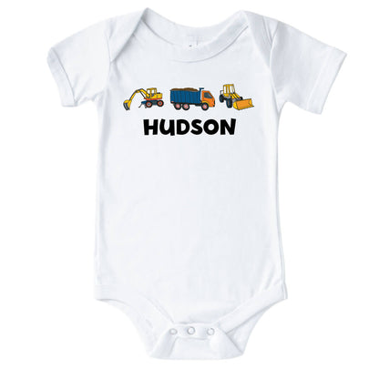 Personalized Construction Trucks Graphic Bodysuit | White