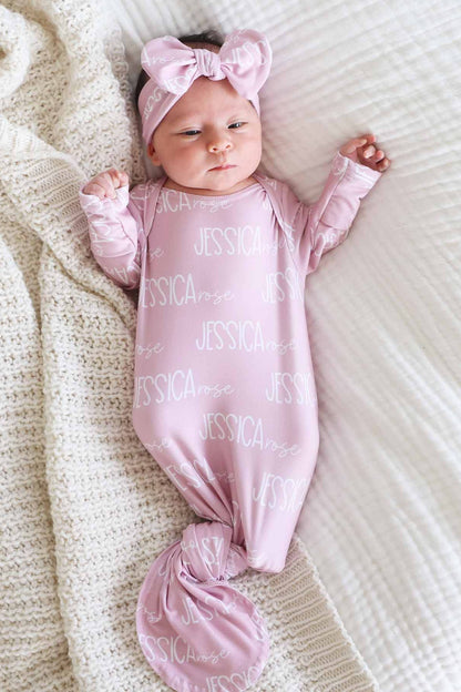 Personalized Font Duo Newborn Baby Knot Gown | Best Selling Pinks