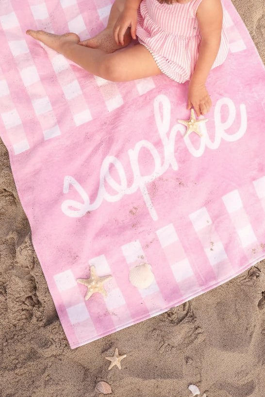 Personalized Kids Beach Towel | Seersucker Dusty Pink