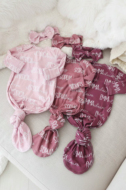 Personalized Font Duo Newborn Baby Knot Gown | Best Selling Pinks
