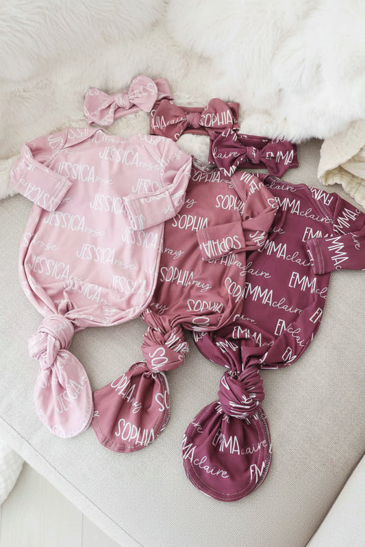 Personalized Font Duo Newborn Baby Knot Gown | Best Selling Pinks