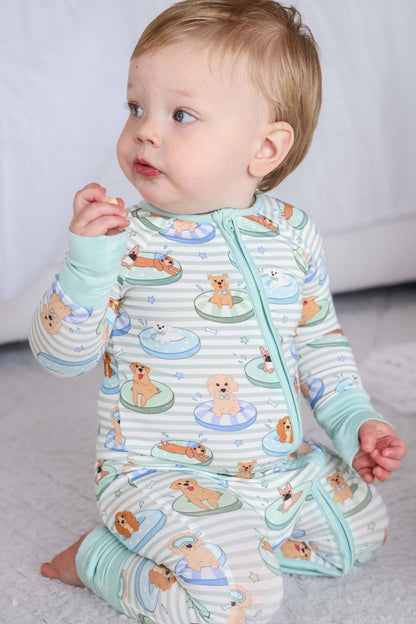 Convertible Bamboo Zip Romper | Poolside Pups Blue