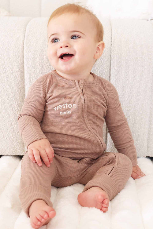 Embroidered Bamboo Waffle Convertible Zip Romper | Cocoa