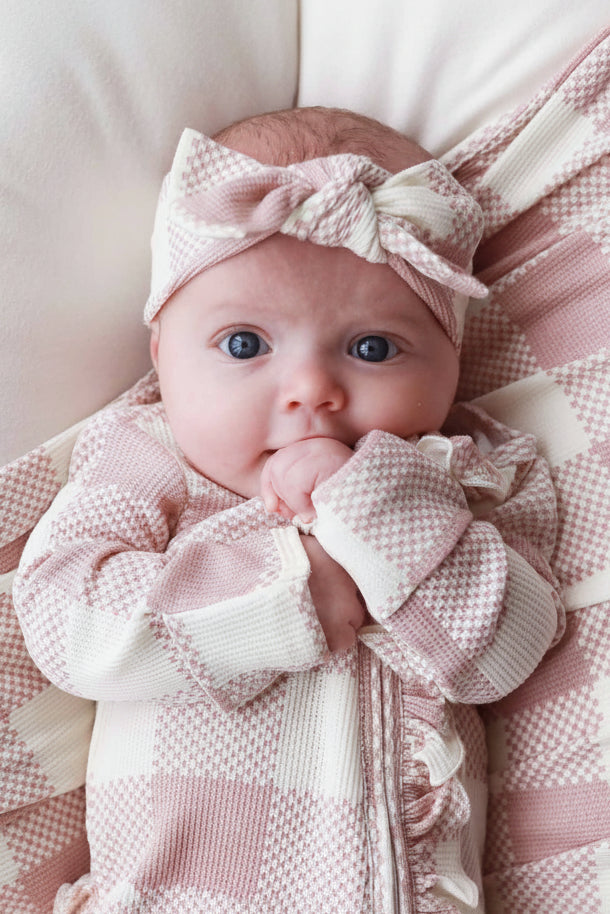 Big Check Bamboo Waffle Knit Large Bow Headwrap | Rosy