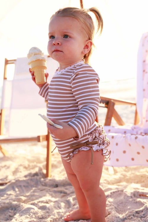 Long Sleeve Rash Guard With Ruffle Bottom | Sandy Stripes
