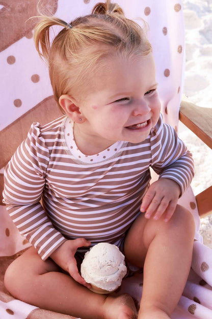 Long Sleeve Rash Guard With Ruffle Bottom | Sandy Stripes