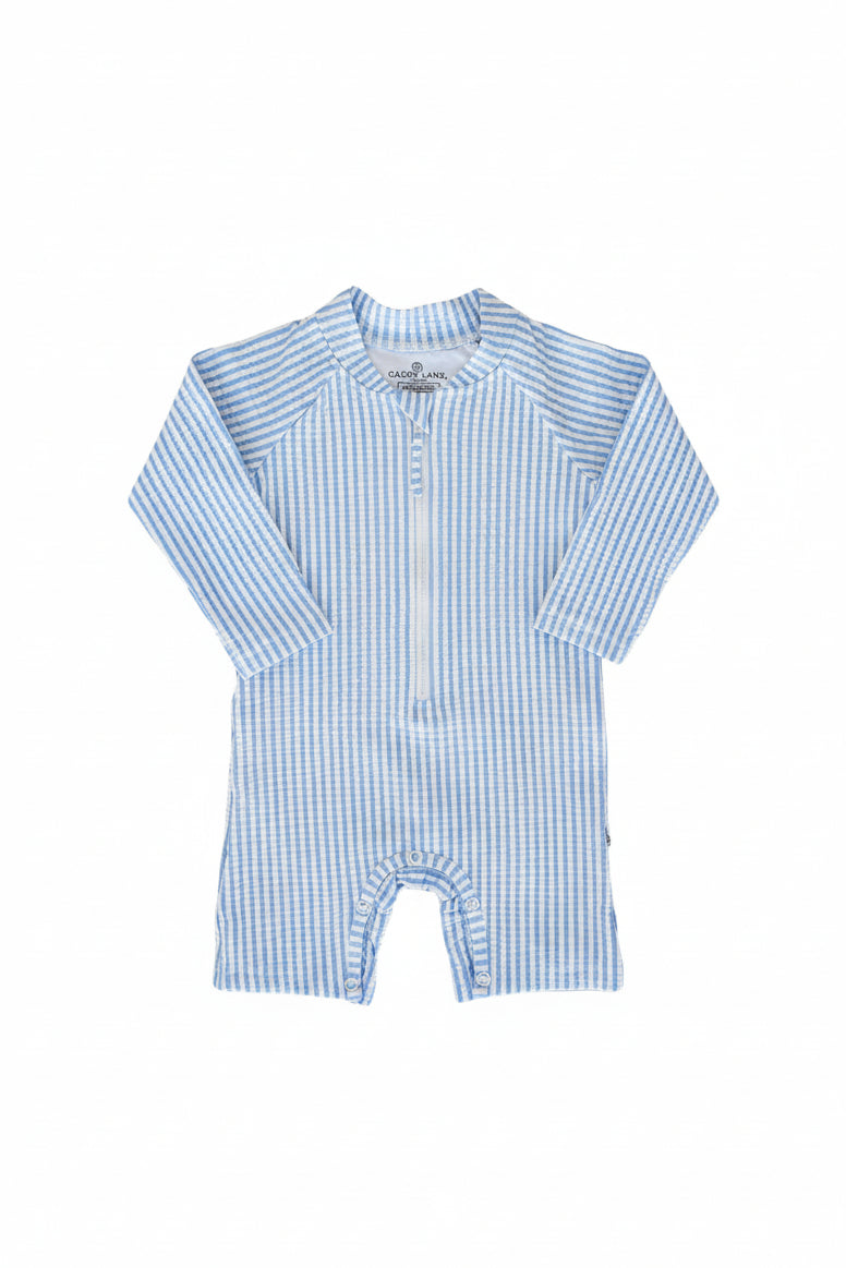 Long Sleeve Rash Guard Swim Romper Shortie | Seersucker Blue