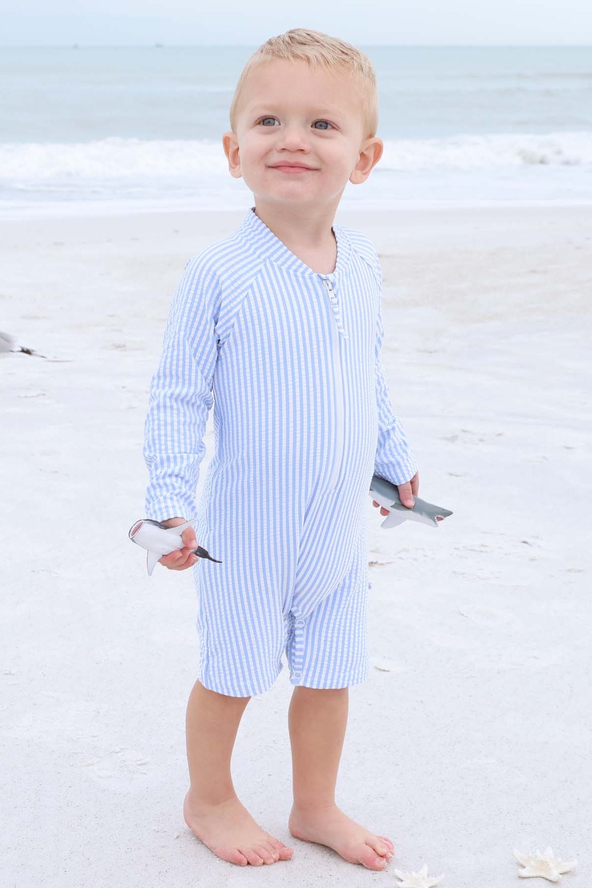 Long Sleeve Rash Guard Swim Romper Shortie | Seersucker Blue