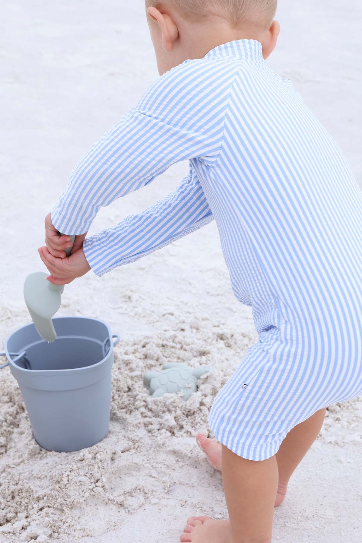 Long Sleeve Rash Guard Swim Romper Shortie | Seersucker Blue