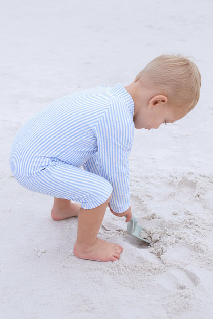 Long Sleeve Rash Guard Swim Romper Shortie | Seersucker Blue
