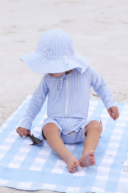 Long Sleeve Rash Guard Swim Romper Shortie | Seersucker Blue