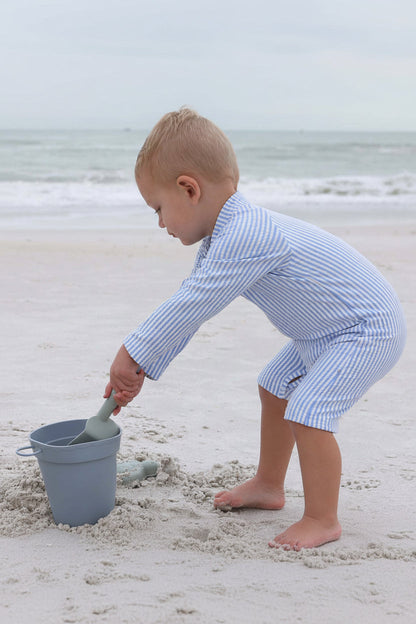 Long Sleeve Rash Guard Swim Romper Shortie | Seersucker Blue