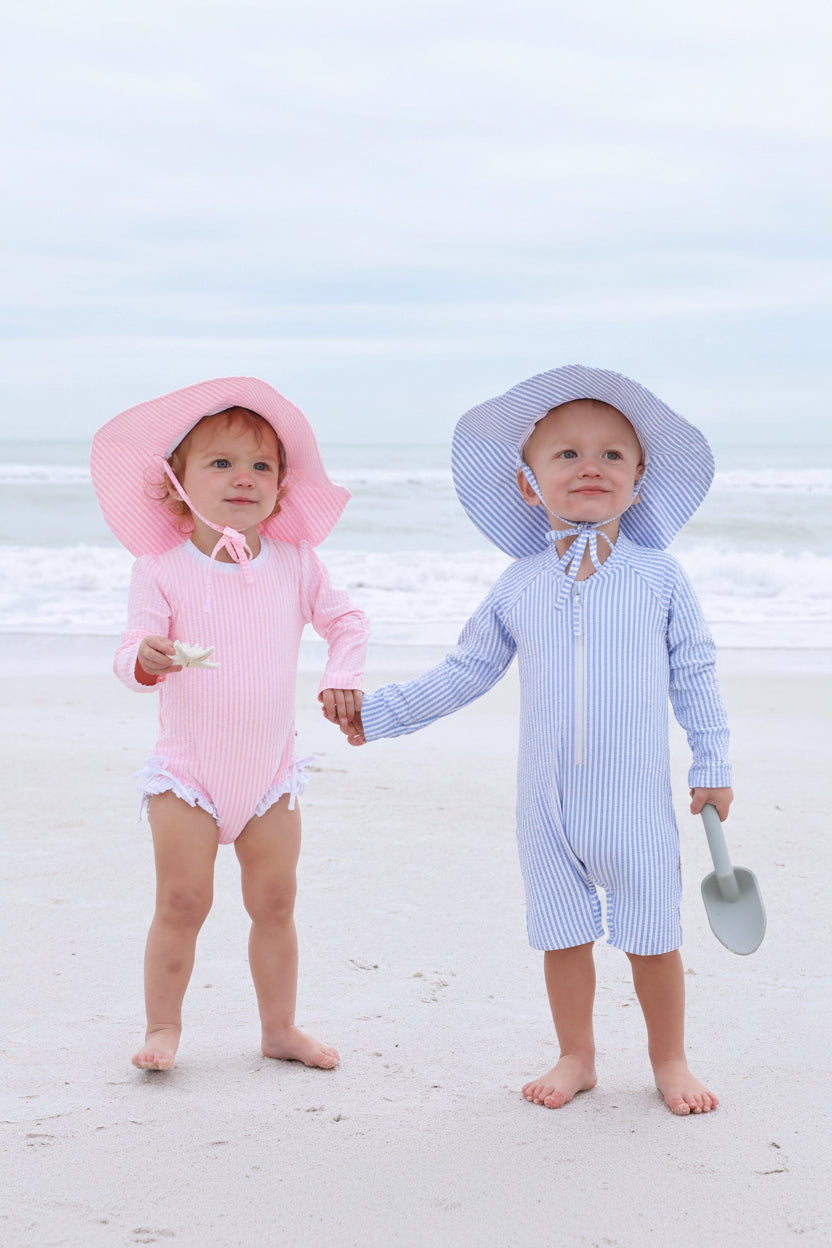 Long Sleeve Rash Guard Swim Romper Shortie | Seersucker Blue