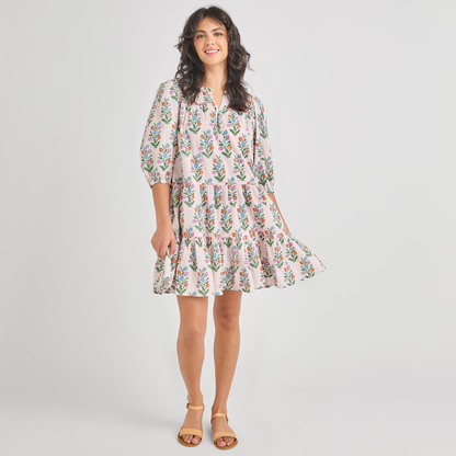 Womens Short Indira Dress - Pink Dewdrop Block Print