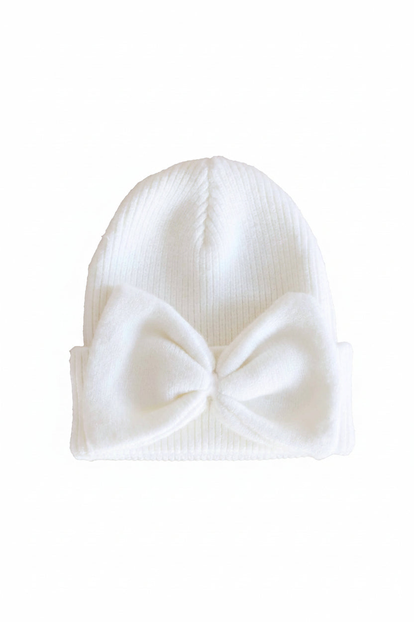 Knit Newborn Bow Beanie | Light Ivory