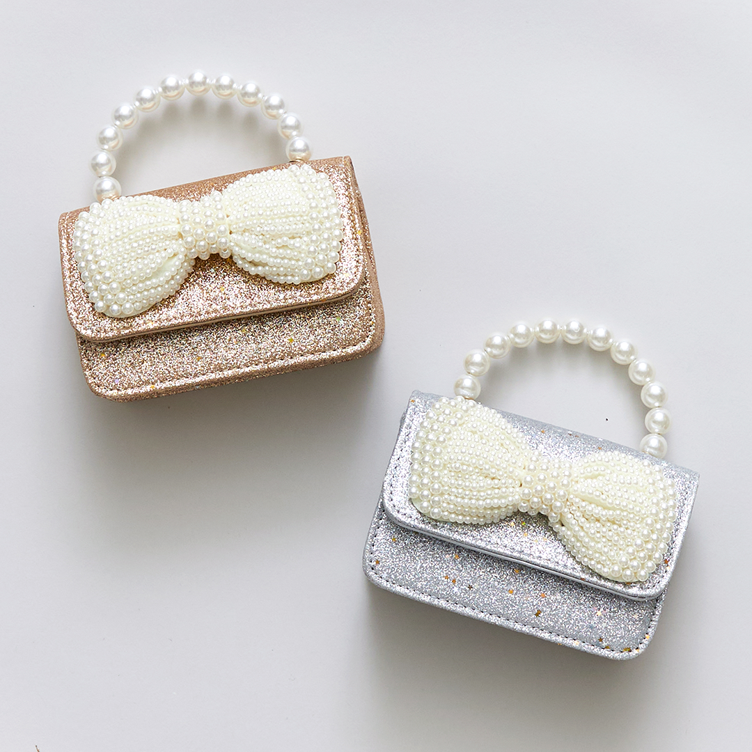 Glitter Pearl Bow Bag - Silver