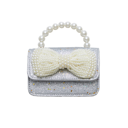 Glitter Pearl Bow Bag - Silver